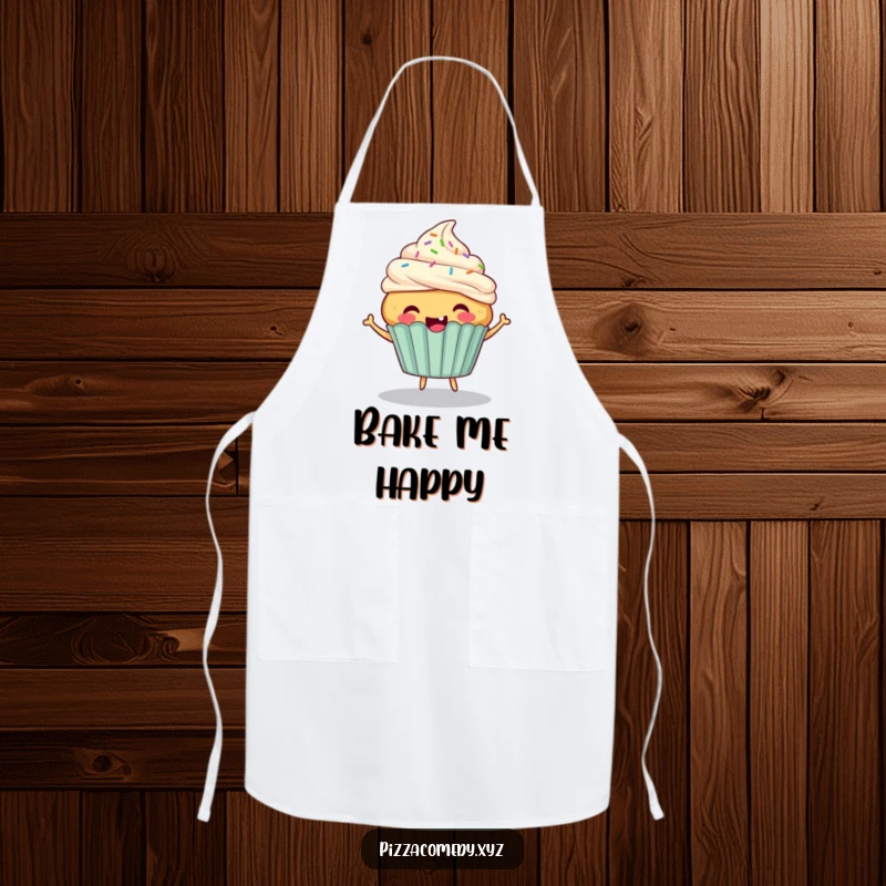 Funny Cupcake Apron: A cheerful cupcake with sprinkle hair bouncing energetically, for delightful baking.