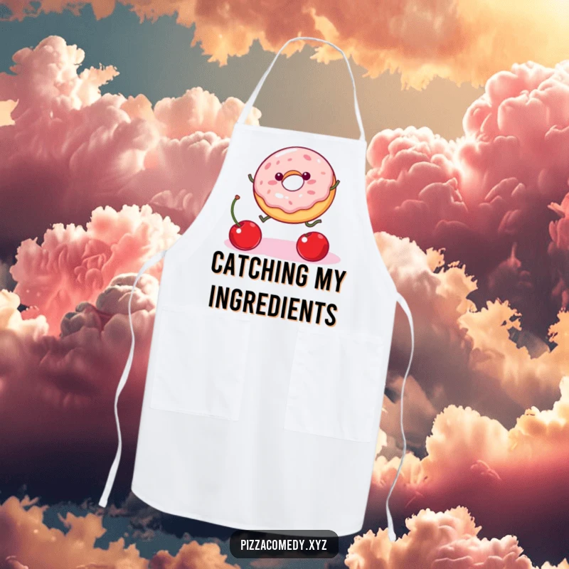 Funny Donut Apron: A wobbly jelly donut with legs leaps for a falling cherry, a humorous kitchen accessory for chefs.