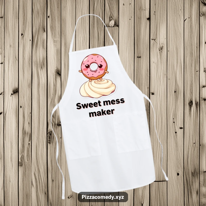 Funny apron featuring a grinning doughnut in mid-air, leaping over a cream swirl, perfect for adding humor to kitchen adventures.