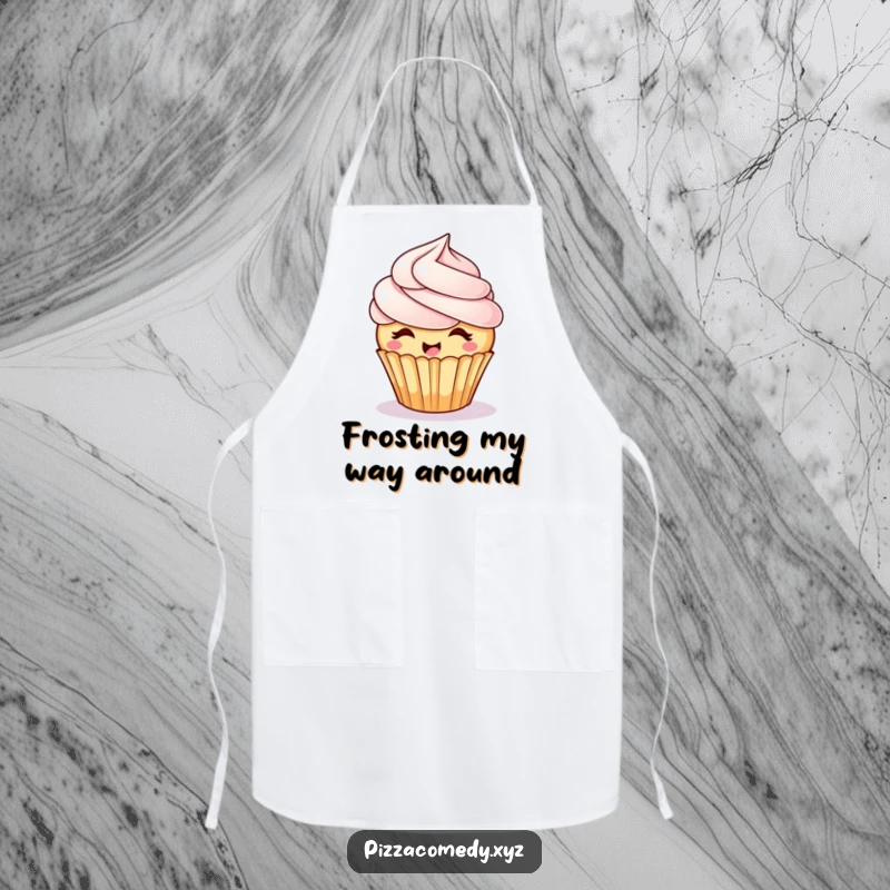 Funny Giggling Cupcake Apron: A cupcake with frosting hair spins happily, a humorous and practical kitchen accessory.