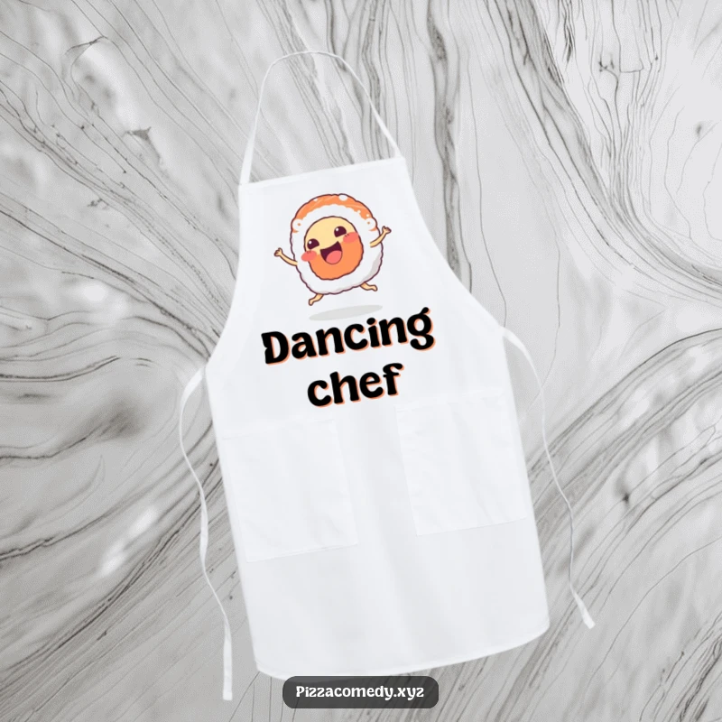 Funny Sushi Apron: A piece of sushi with a happy mouth wiggles joyfully, great for kitchen fun.