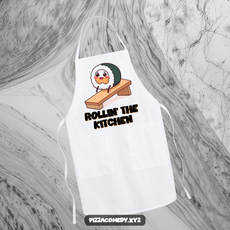 Funny kitchen apron featuring a smiling sushi roll with stick legs sliding down a ramp, ready for culinary fun.