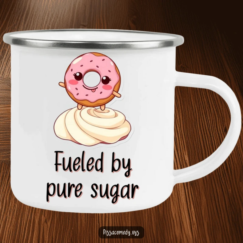 Funny camping mug with a grinning doughnut leaping over a cream swirl, perfect for outdoor enthusiasts who appreciate sweet, humorous designs.