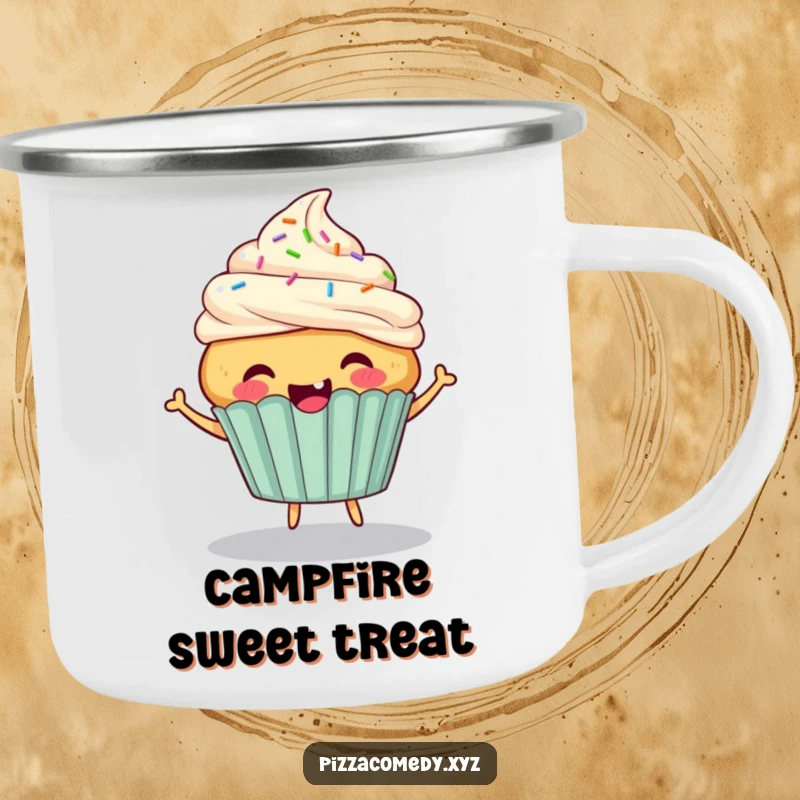 Funny Cupcake Camping Mug: A cheerful cupcake with sprinkle hair bouncing energetically, for sweet outdoor moments.