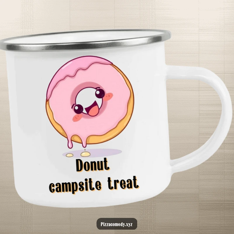 Funny Donut Camping Mug: A giggling donut with frosting dripping slightly doing a playful somersault, for sweet outdoor moments.