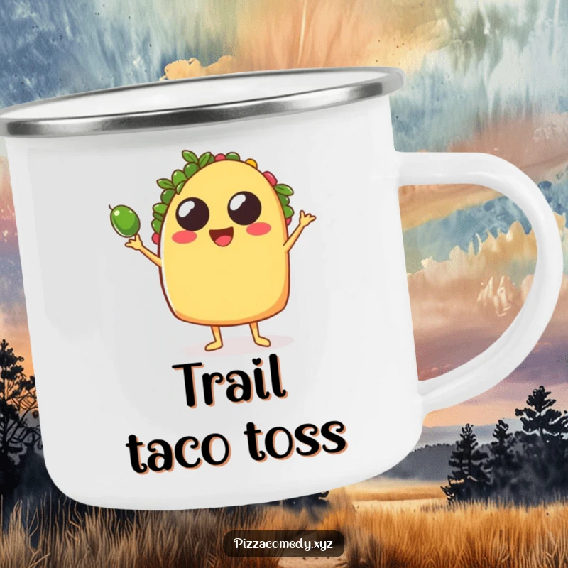 Funny Taco Camping Mug: A sturdy mug showing a taco juggling olives, perfect for outdoor funny gifts.
