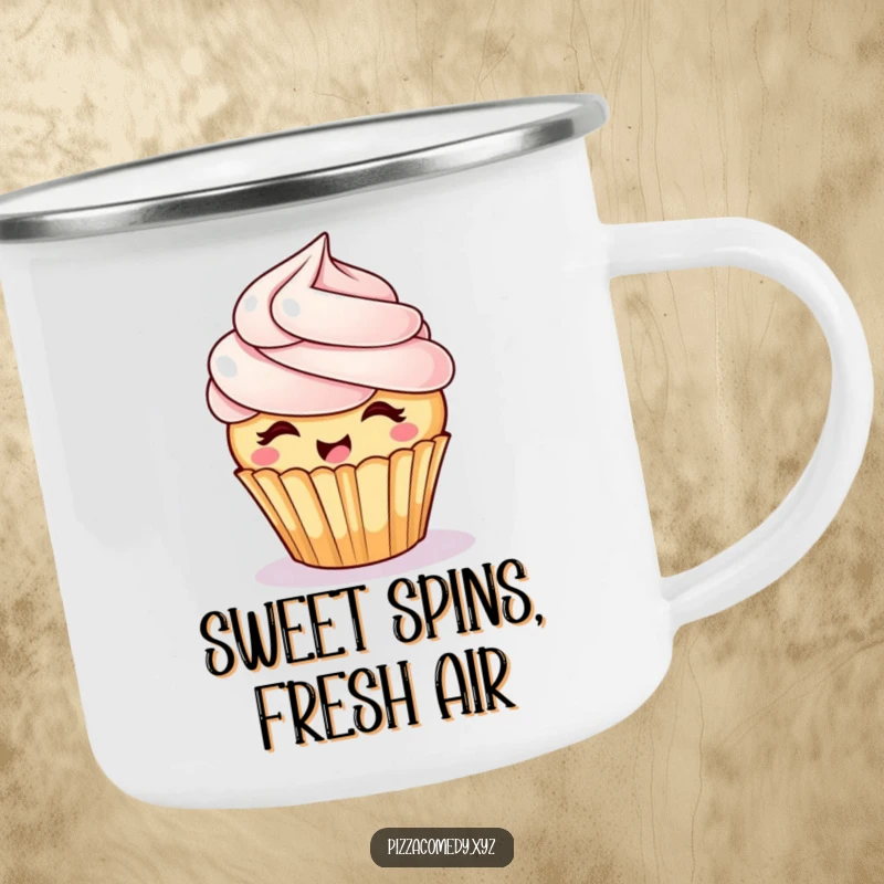 Funny Giggling Cupcake Camping Mug: A cupcake with frosting hair spins happily, a durable and humorous mug for adventures.