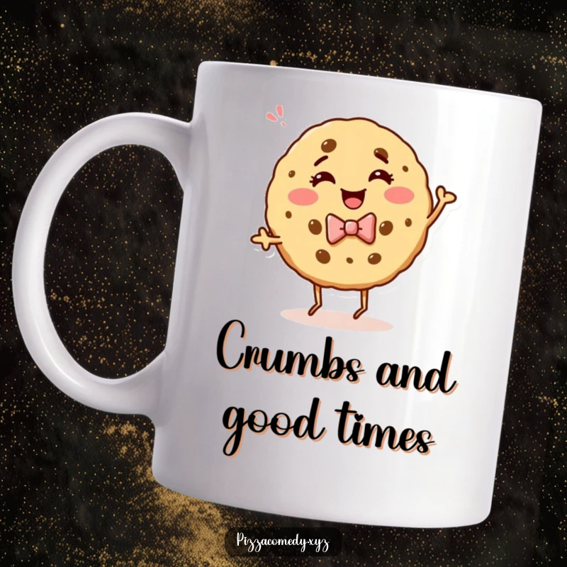 Funny mug featuring a giggling cookie wearing a bow tie, dancing with unrestrained joy and infectious enthusiasm.