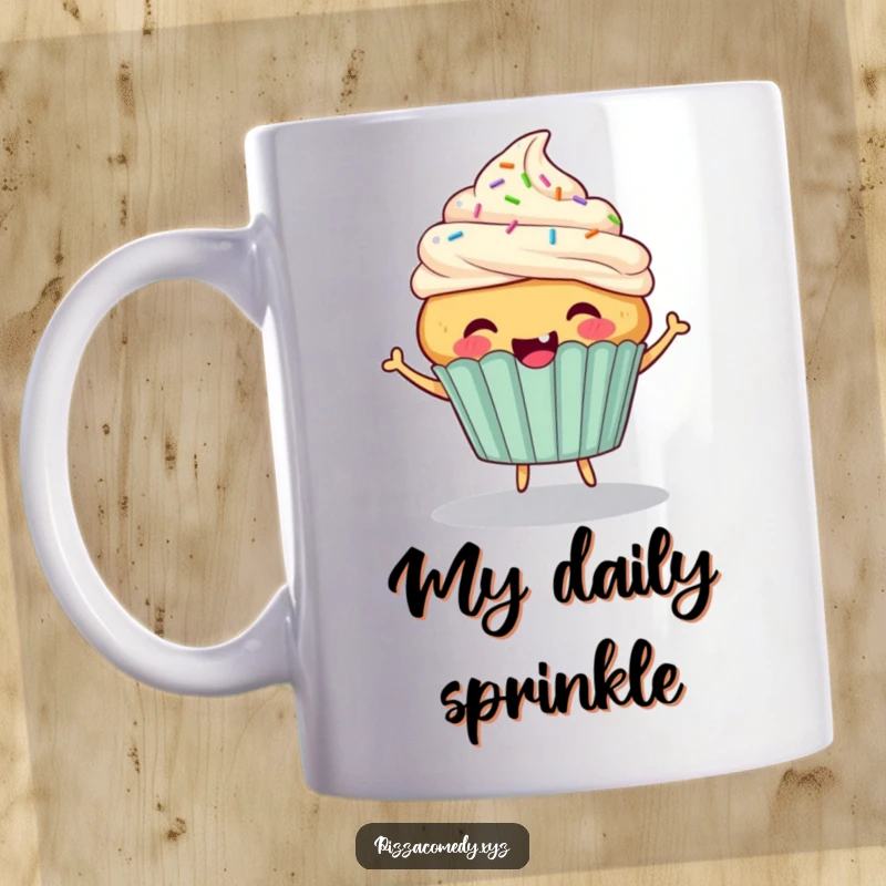 Funny Cupcake Mug: A cheerful cupcake with sprinkle hair bouncing energetically, full of sweet delight.