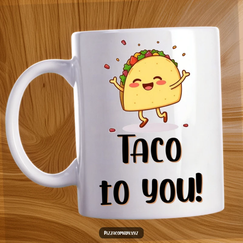 Funny ceramic mug showcasing a smiling taco with legs doing a lively jig, with toppings scattering around.