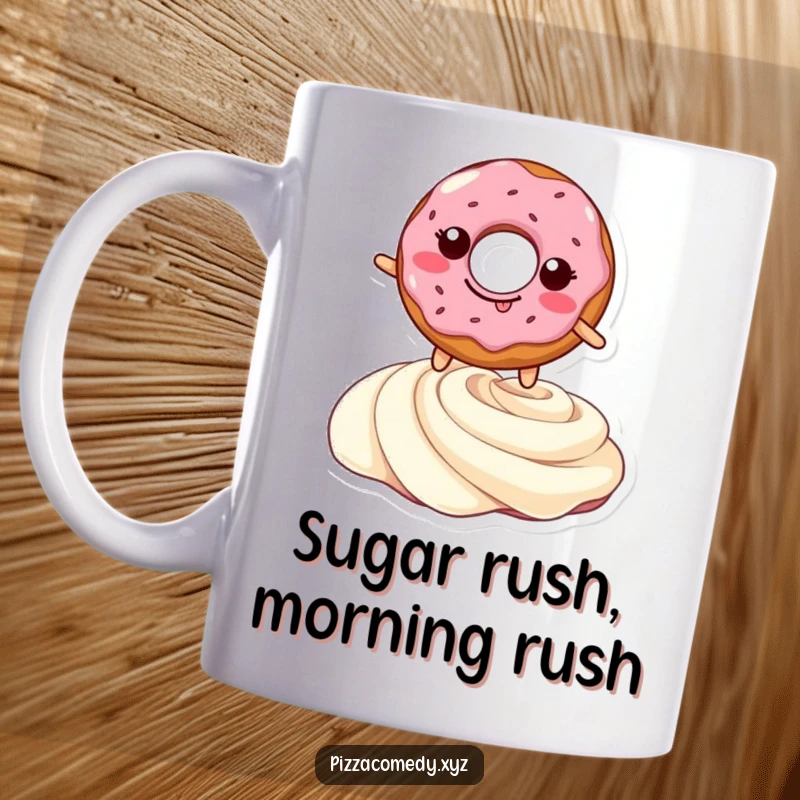 Funny mug featuring a grinning doughnut leaping joyfully over a creamy swirl, embodying pure sugary happiness and playful energy.
