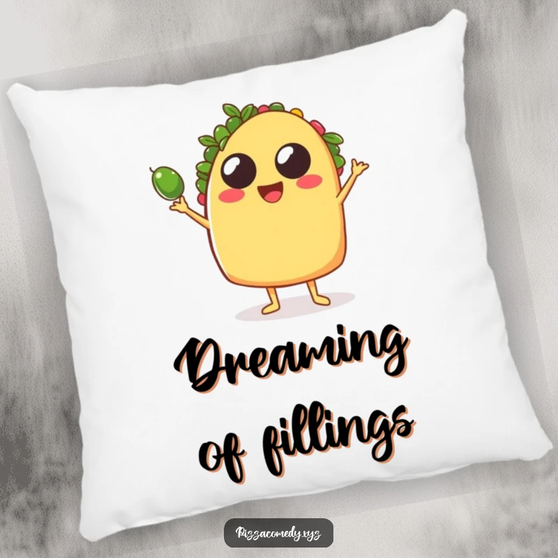 Funny Taco Pillow: A soft pillow with a happy taco juggling olives, offering festive and funny comfort.