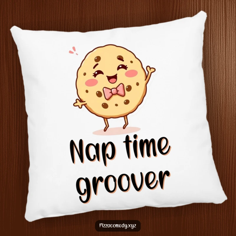 Funny pillow with a giggling cookie wearing a bow tie, dancing with joyful abandon, perfect for adding comfort and humor.