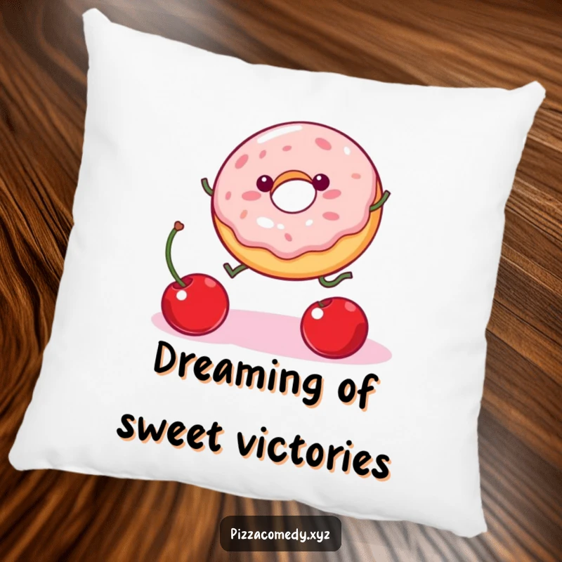 Funny Donut Pillow: A wobbly donut with legs is in mid-air, reaching for a falling cherry, a funny and plush decorative item.