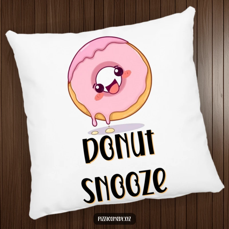 Funny Donut Pillow: A giggling donut with frosting dripping slightly doing a playful somersault, for cozy sweetness.
