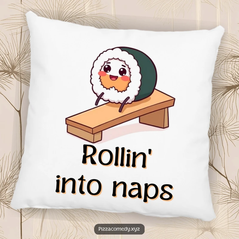 Funny decorative pillow with a smiling sushi roll on stick legs sliding down a ramp, adding a playful touch.