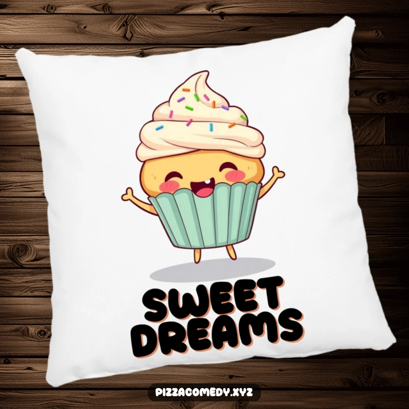 Funny Cupcake Pillow: A cheerful cupcake with sprinkle hair bouncing energetically, for cozy, sweet comfort.