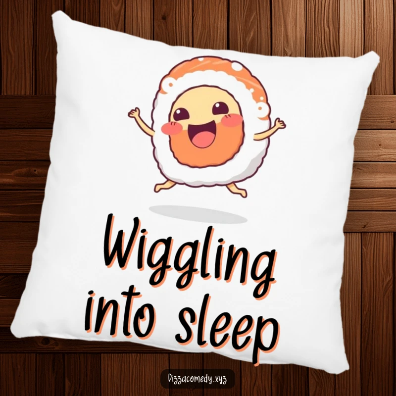 Funny Sushi Pillow: A piece of sushi with a happy mouth wiggles joyfully, perfect for cozy food fun.