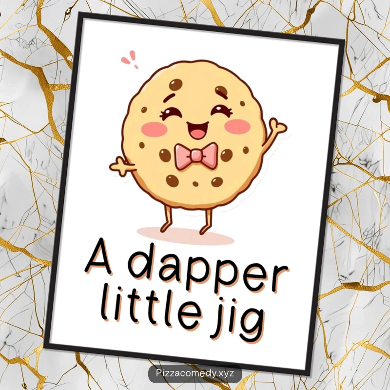 Funny digital art print of a giggling cookie wearing a bow tie, dancing with pure joy and infectious energy.