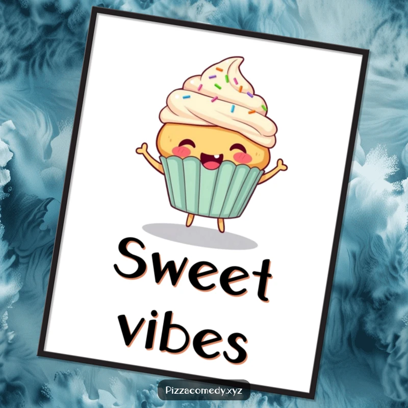Funny Cupcake Digital Art Print: A cheerful cupcake with sprinkle hair bouncing energetically, sweet and vibrant.