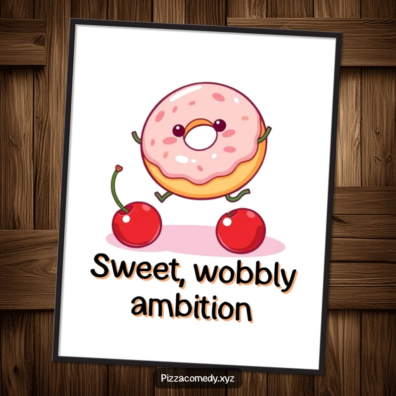 Funny Donut Digital Art Print: A wobbly jelly donut with legs jumps for a falling cherry, a humorous and downloadable artwork.