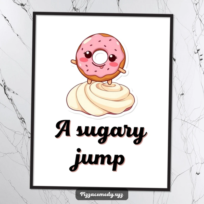 Funny digital art print of a grinning doughnut leaping energetically over a cream swirl, a delightful and humorous decoration.