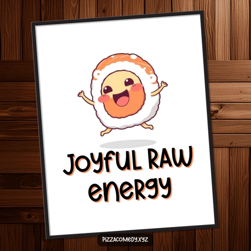 Funny Sushi Digital Art Print: A piece of sushi with a happy mouth wiggles joyfully, dancing with infectious energy.