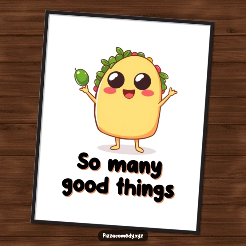 Funny Taco Digital Art Print: Downloadable art of a taco juggling olives, bringing instant funny fiesta decor.