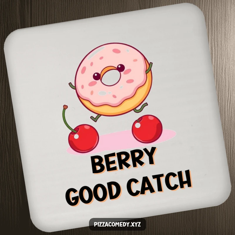 Funny Donut Coaster: A wobbly donut with legs leaps for a cherry, a humorous and practical surface protector.