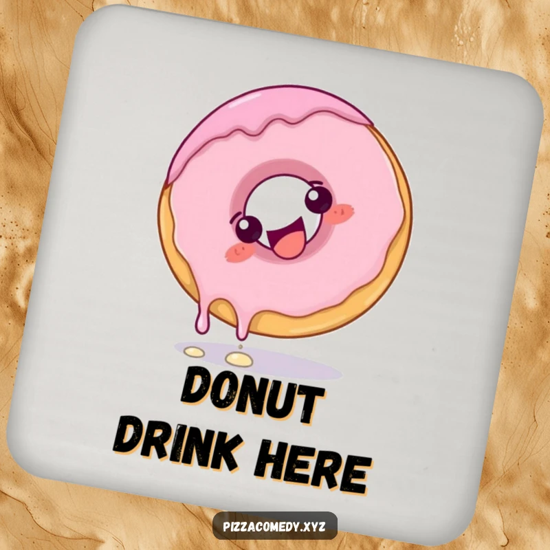Funny Donut Coasters: A giggling donut with frosting dripping slightly doing a playful somersault, adding charm.