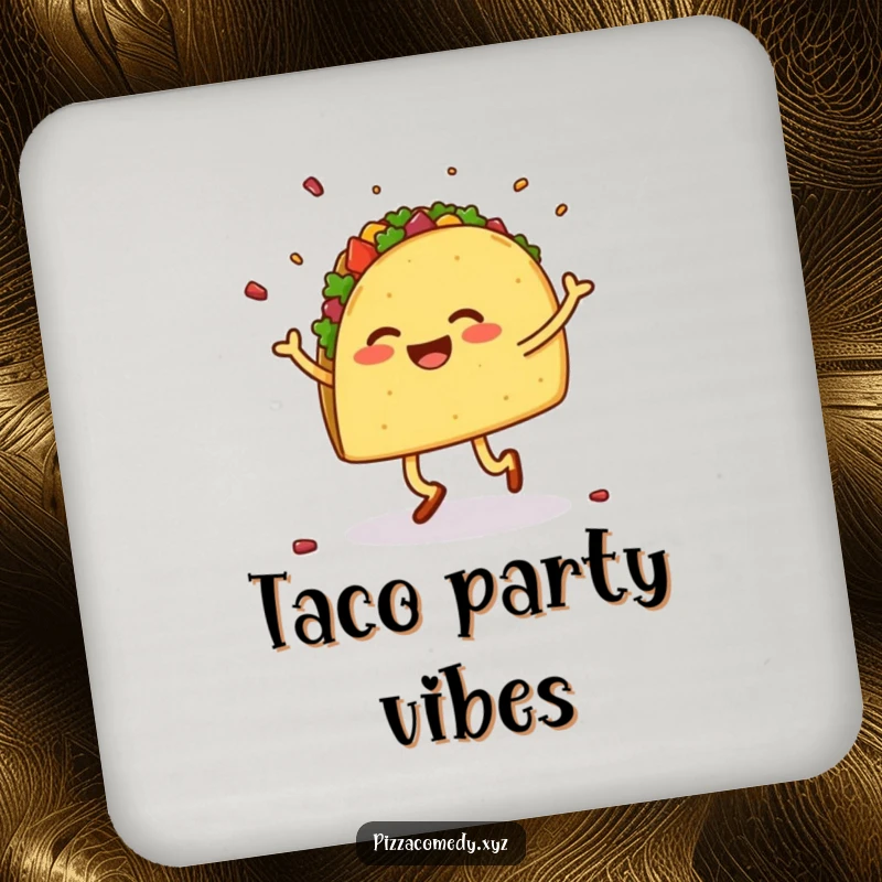 Funny drink coaster with a cheerful taco on legs dancing a jig, scattering colorful toppings playfully.