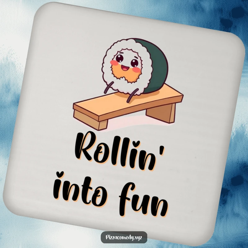 Funny drink coaster with a smiling sushi roll on stick legs sliding down a ramp, adding a playful food theme.