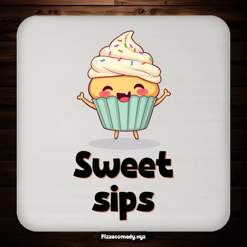 Funny Cupcake Coasters: A cheerful cupcake with sprinkle hair bouncing energetically, adding sweet charm to surfaces.