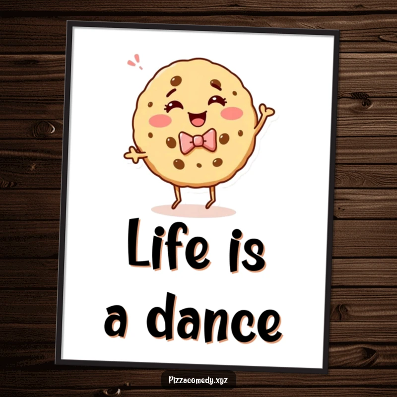 Funny poster showcasing a giggling cookie in a bow tie, dancing with unrestrained glee, bringing vibrant energy to the artwork.