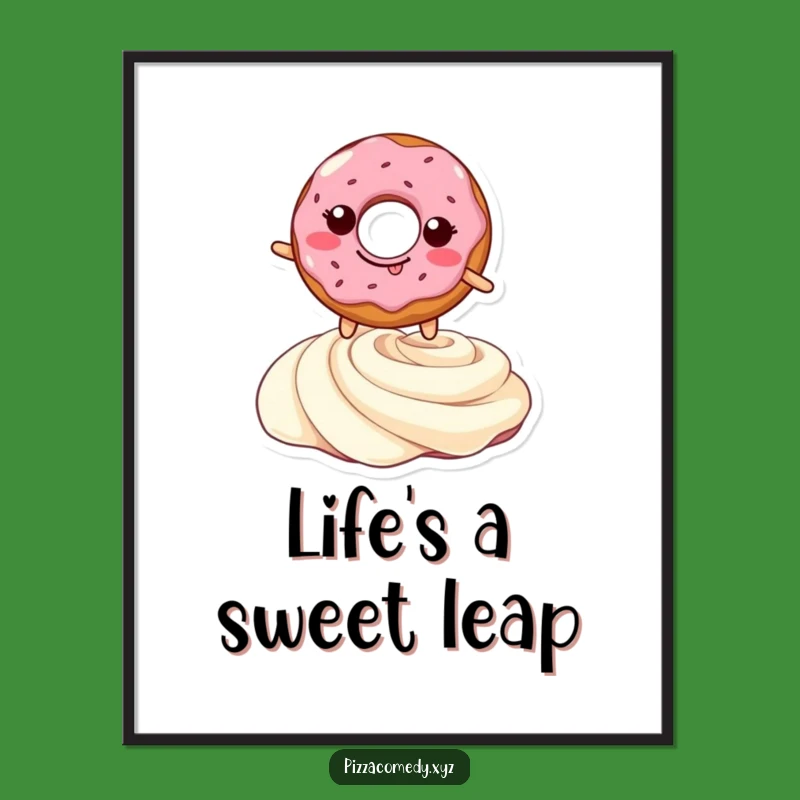 Funny Doughnut Leap Poster: Vibrant Smiling Pastry Over Cream Swirl, Whimsical Wall Art, Funny Gift