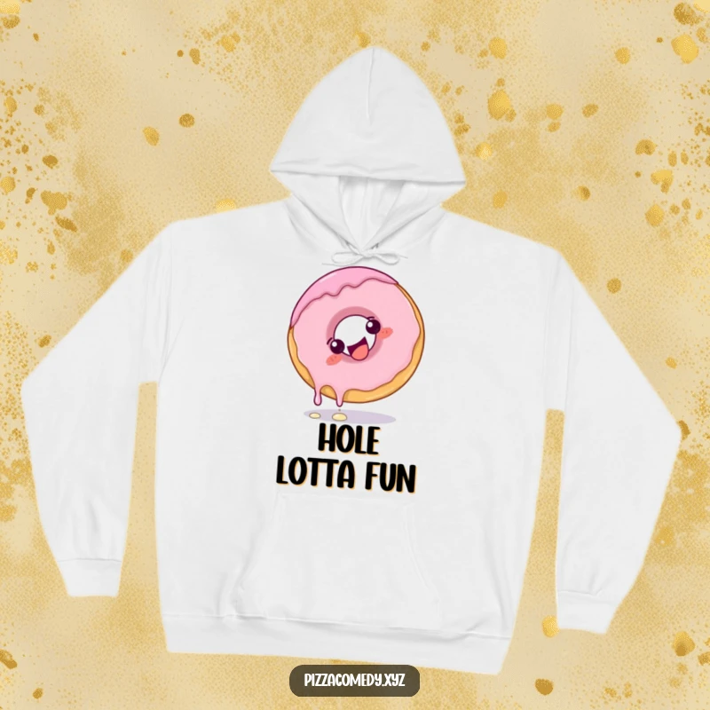 Funny Donut Hoodie: A giggling donut with dripping frosting doing a playful somersault, providing cozy sweetness.
