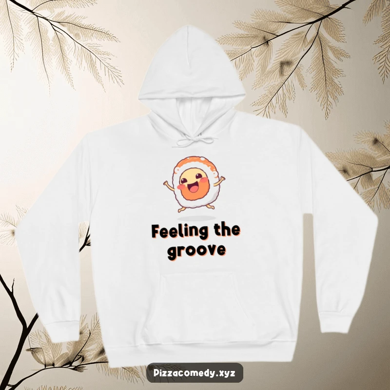 Funny Sushi Hoodie: A piece of sushi with a happy mouth wiggles joyfully, perfect for cozy food fun.