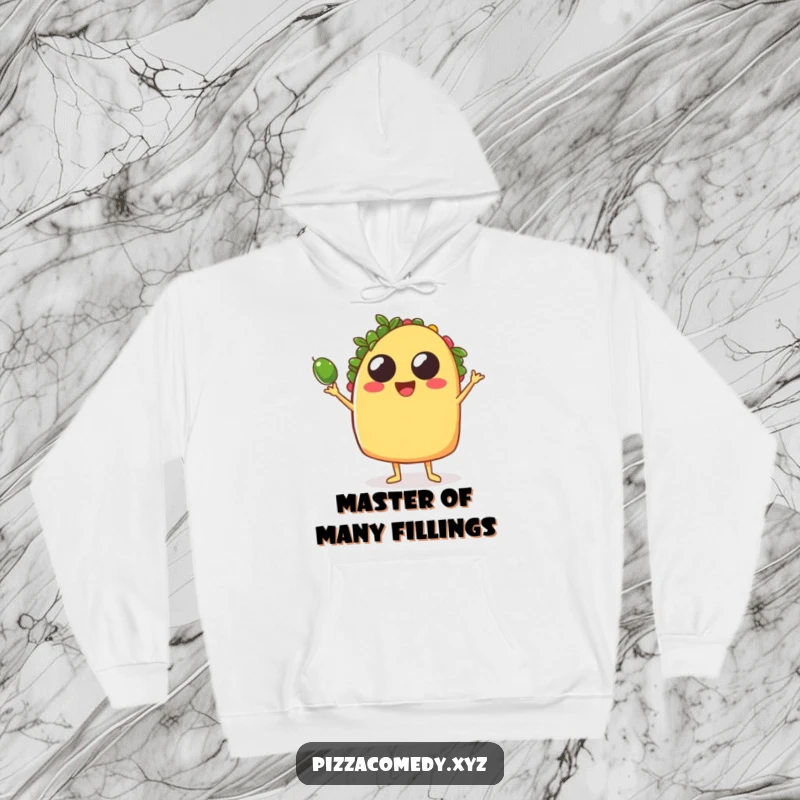 Funny Taco Hoodie: A cozy hoodie featuring a happy taco juggling olives, perfect for funny gift-givers.
