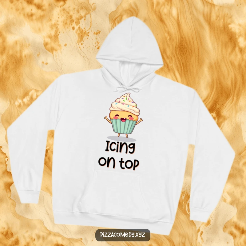 Funny Cupcake Hoodie: A cheerful cupcake with sprinkle hair energetically bouncing, bringing sweet comfort.