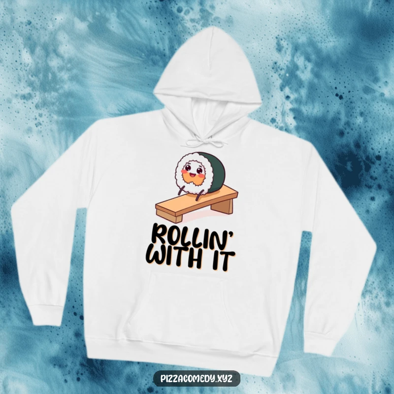 Funny, warm hoodie showcasing a smiling sushi roll with stick legs sliding down a ramp with a joyful expression.