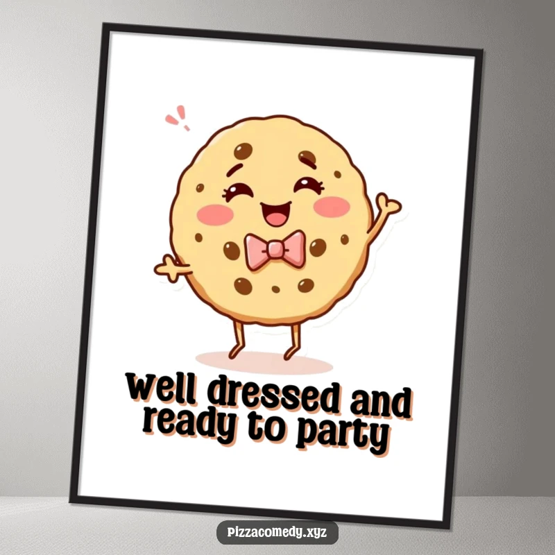 Funny Free Printable Wall Art: A giggling cookie sporting a bow tie is captured mid-dance. Playful and vibrant.
