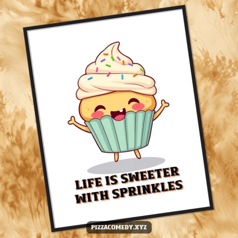 Funny Free Printable Cupcake Wall Art: A cheerful cupcake with sprinkles for hair bounces energetically.