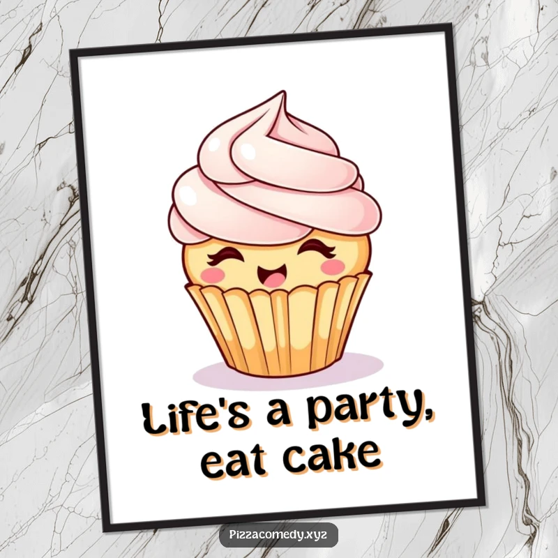 Funny Free Printable Wall Art: A happy cupcake with colorful frosting hair spinning joyfully, whimsical dessert art.