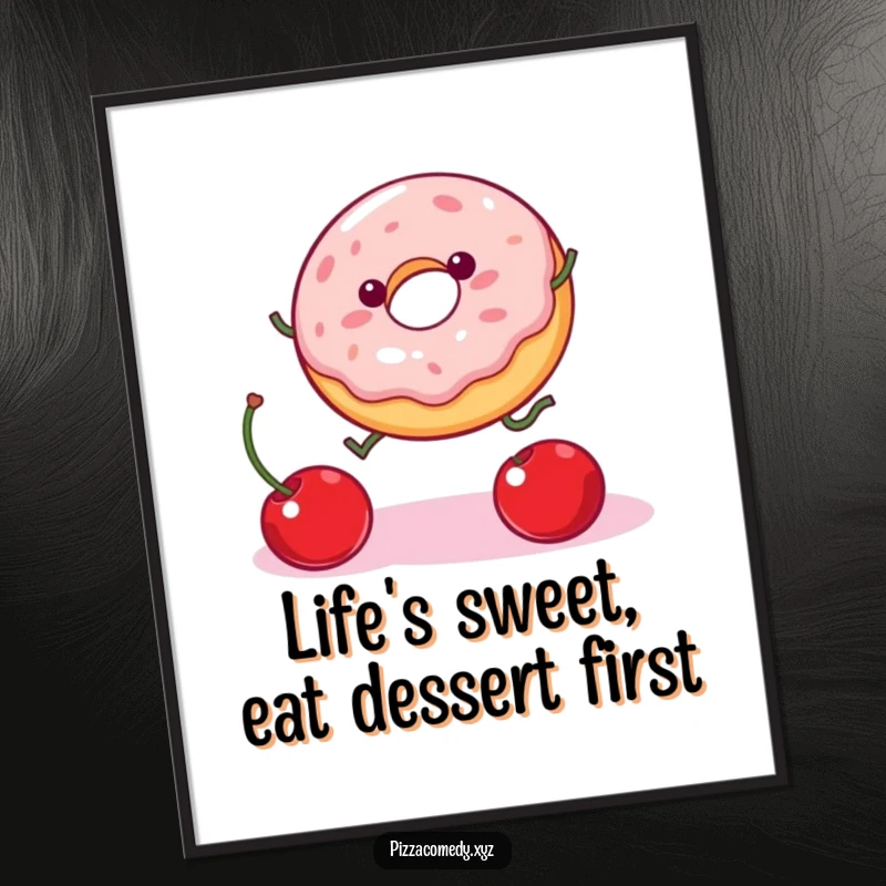 Funny Free Printable Wall Art: A jelly donut with tiny legs joyfully leaping towards a falling cherry, whimsical food art.