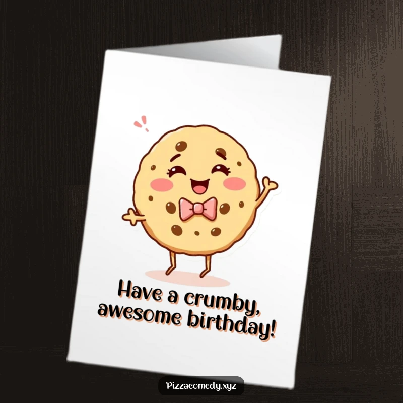 Funny Free Printable Birthday Card: A giggling cookie wearing a bow tie dances with boundless energy. Hilarious celebration.