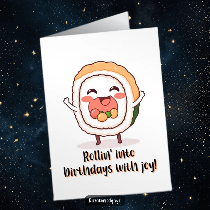 Funny Free Printable Birthday Card! A cheerful sushi roll with feet taps out a happy beat, celebrating festively.