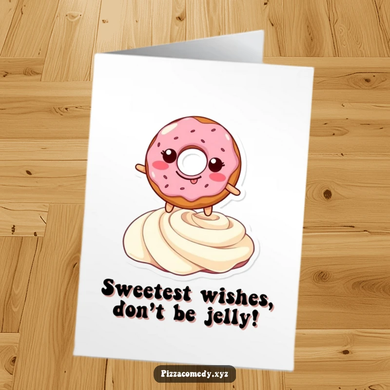 Funny Free Printable Birthday Card: A grinning doughnut joyfully leaps over a cream swirl, ready to party. Hilarious DIY.