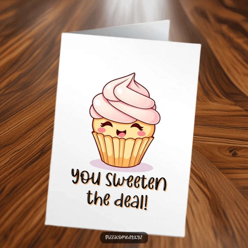 Free Printable Congrats Card: A laughing cupcake with swirly frosting hair spinning excitedly to celebrate.