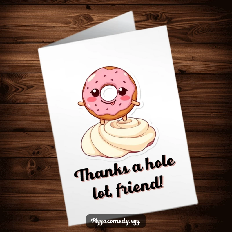 Funny Free Printable Thank You Card: A grinning doughnut leaps over a cream swirl, conveying thanks with sugary delight. Print now.