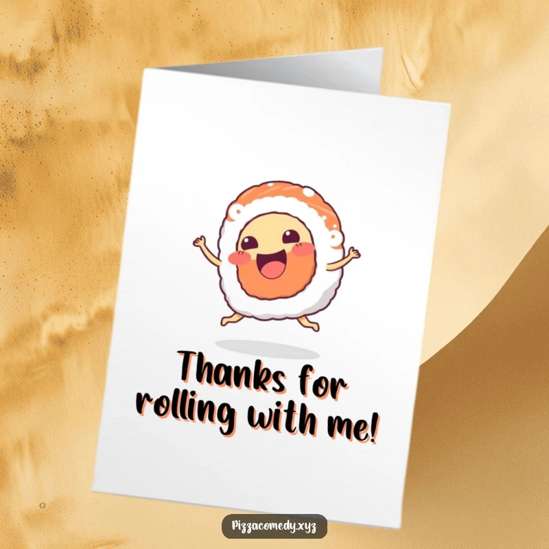 Funny Free Printable Thank You Card: A joyful piece of sushi dancing happily, expressing thanks, a downloadable gift.